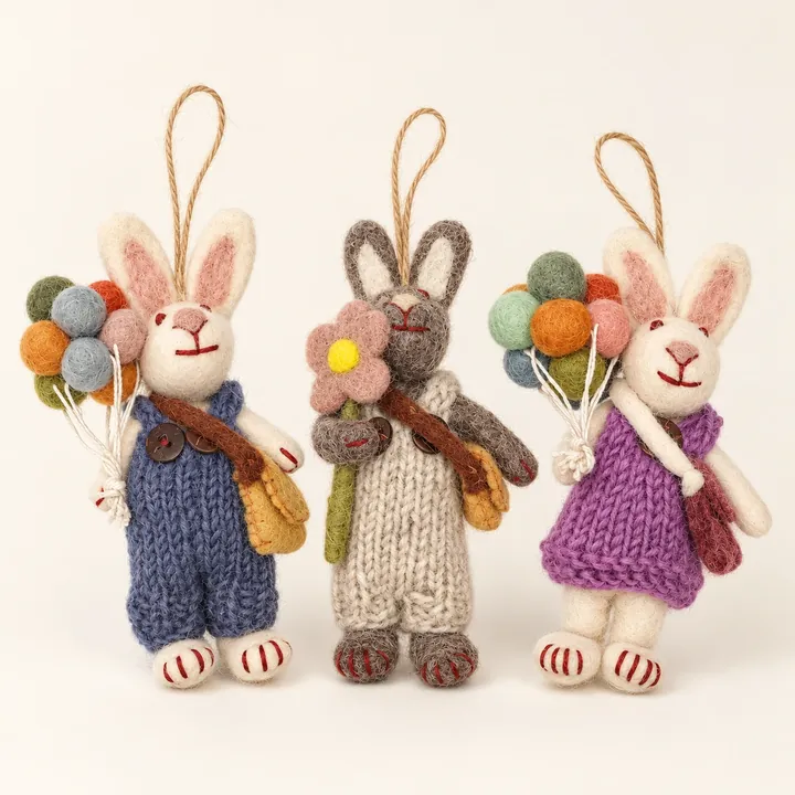 AI studio recreation: Balloon bunnies in handmade wool felt on a warm ivory background