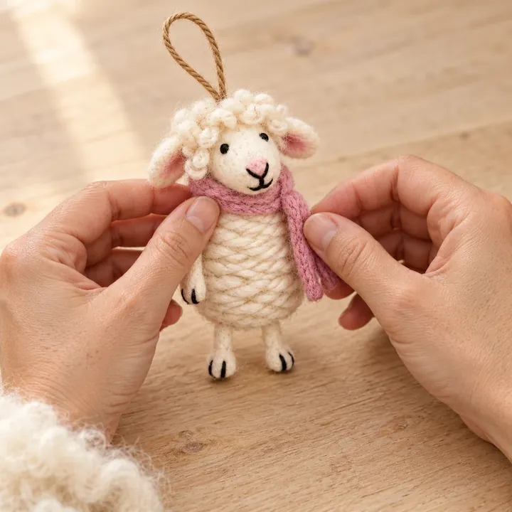 AI illustration of hands arranging a pink scarf on an ivory wool sheep ornament