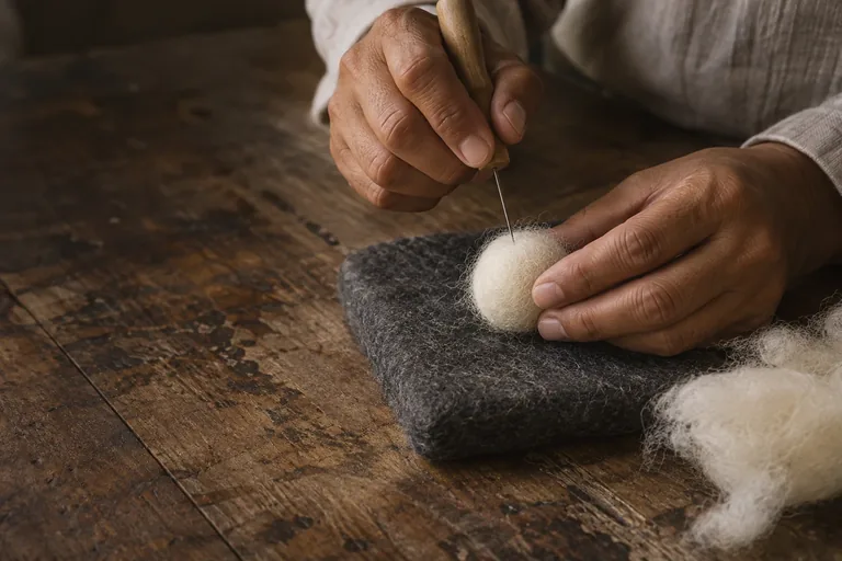 AI illustration of hands shaping an ivory wool ball with a felting needle