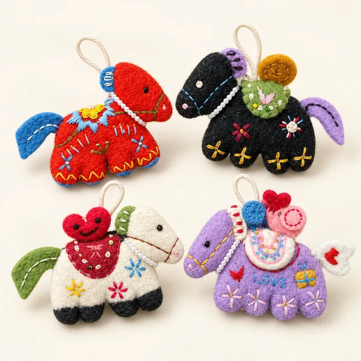 AI studio recreation: Embroidered horses in handmade wool felt on a warm ivory background