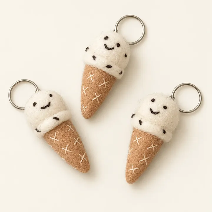AI studio recreation: Three smiling ivory and tan wool felt ice cream cone keychains