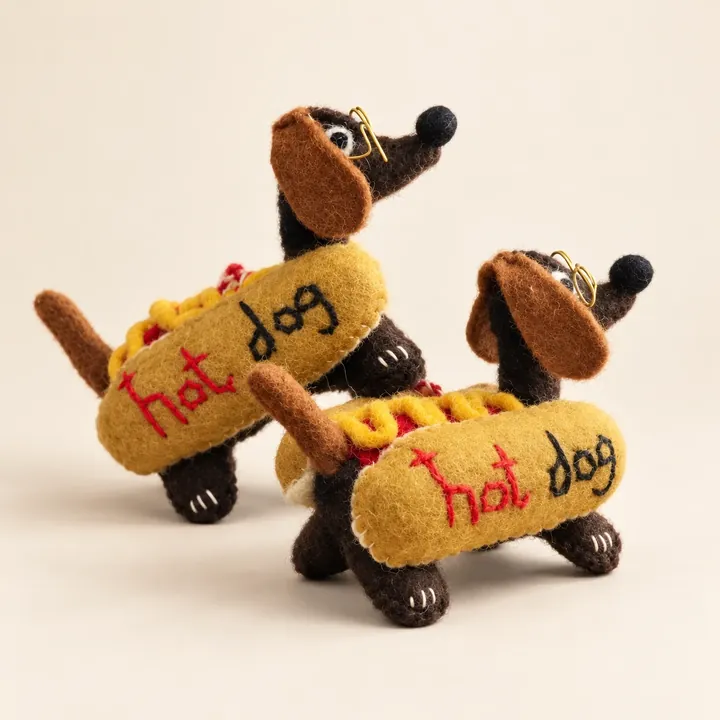 AI studio recreation: Felt dachshunds with hot dog outfits and wire spectacles