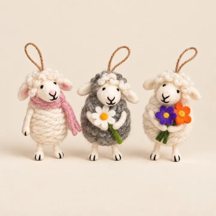 AI studio recreation: Three handmade wool sheep ornaments with scarves and felt flowers