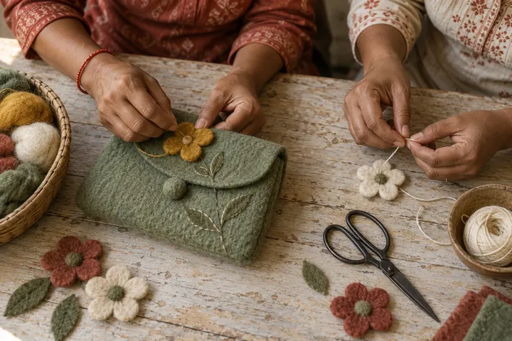 AI workshop illustration of women’s hands sewing felt flowers onto a purse, with all faces outside the frame
