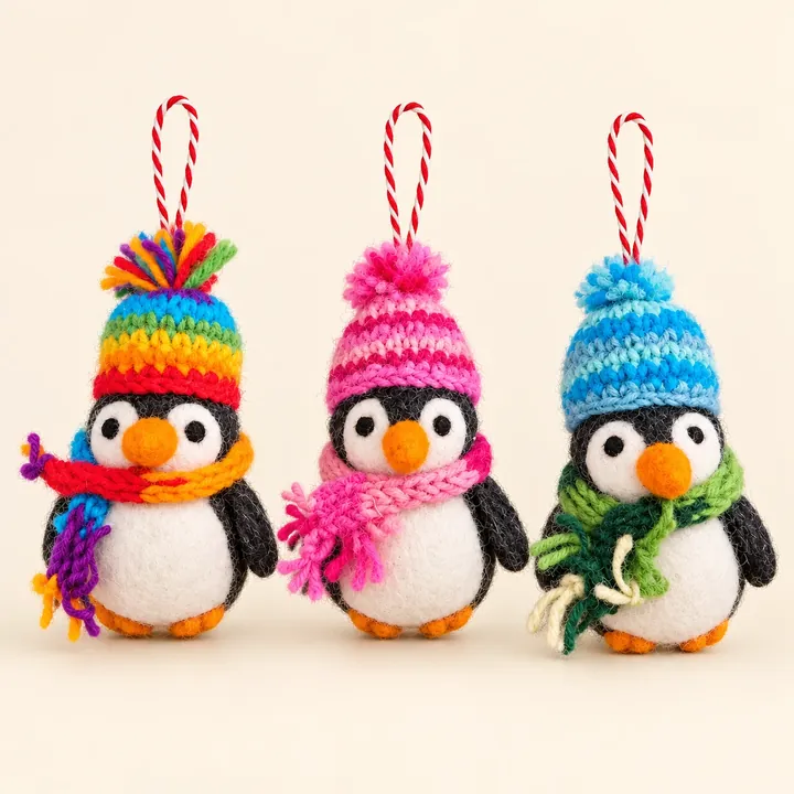 AI studio recreation: Winter penguins in handmade wool felt on a warm ivory background