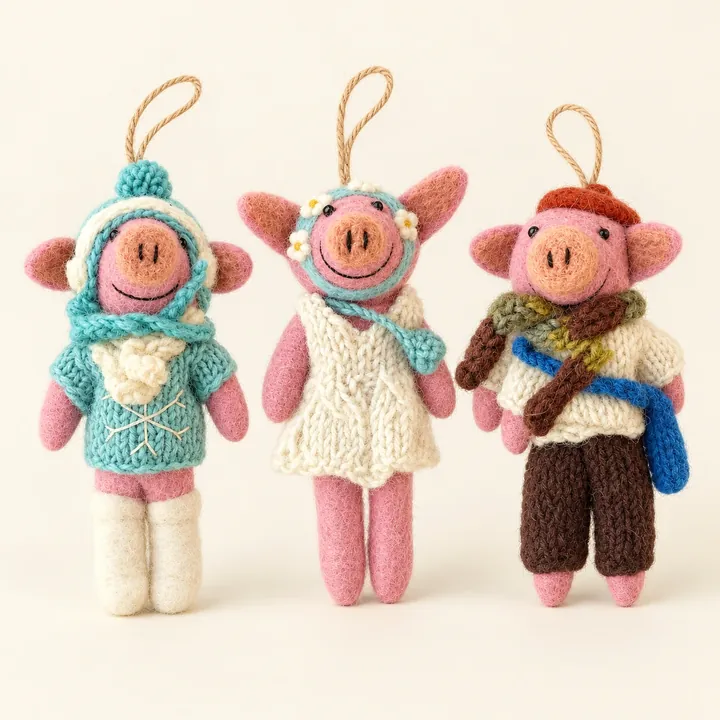 AI studio recreation: Winter pigs in handmade wool felt on a warm ivory background