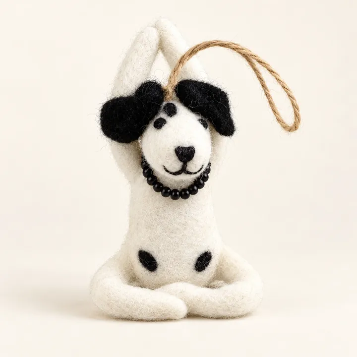 AI studio recreation: Yoga dog in handmade wool felt on a warm ivory background